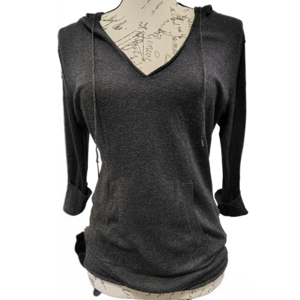 Vintage Y2K Fitted V-Neck Knit Hoodie Top L Downtown Girl Long Sleeve Streetwear